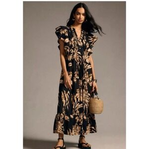 Anthropologie Maeve Cassandra Maxi Dress Womens Small Black Tan Flutter Sleeve